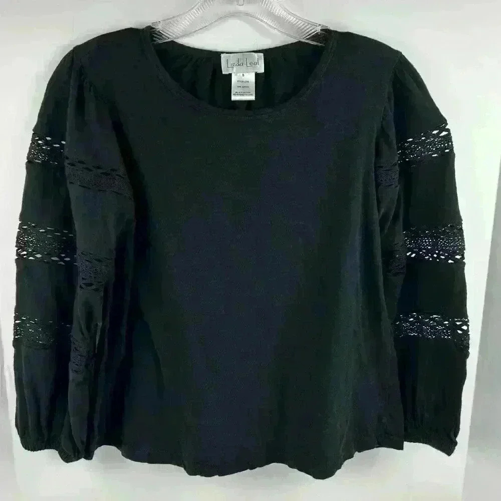 Linda Leal Women's Black Peasant Blouse‎ Long Sleeve Size S